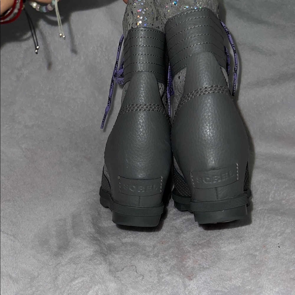 Sorel Women's Boot Sz 5 Gray Lexie Leather Suede Glitter Wedge Waterproof Snow - Picture 3 of 8